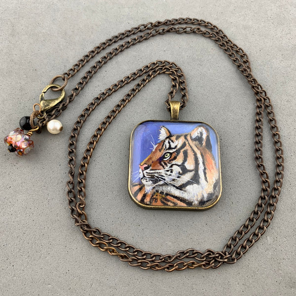 CLYDE ~ HAND PAINTED MINIATURE ART PENDANT ON A 28 INCH ANTIQUE BRONZE CHAIN