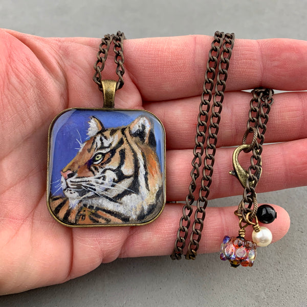 CLYDE ~ HAND PAINTED MINIATURE ART PENDANT ON A 28 INCH ANTIQUE BRONZE CHAIN