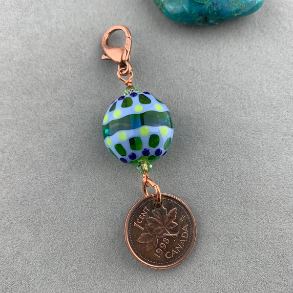 LUCKY PENNY CHARM WITH HANDMADE GLASS BEAD AND SCARAB CHARM