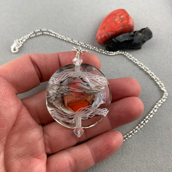 SNOWGLOBE ~ LARGE HANDMADE GLASS BEAD ON A 28" STERLING SILVER COLUMN CHAIN