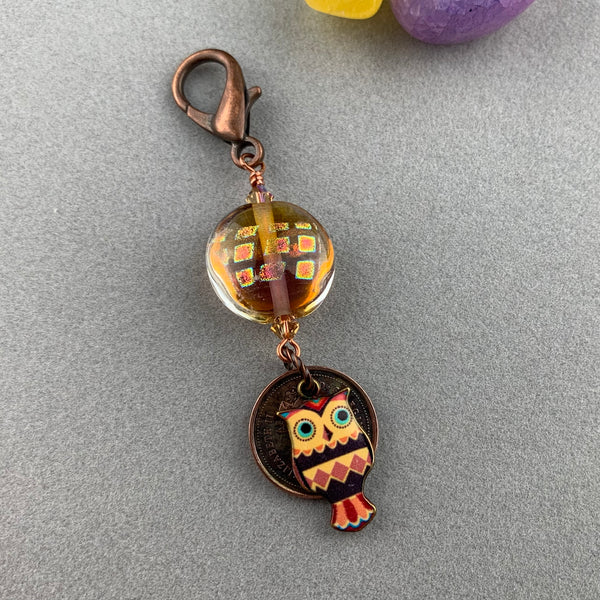 LUCKY PENNY CHARM WITH HANDMADE GLASS BEAD AND OWL CHARM II