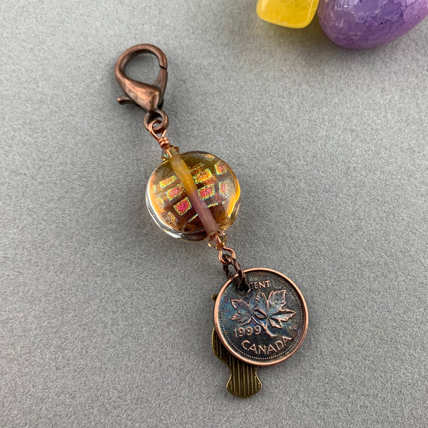 LUCKY PENNY CHARM WITH HANDMADE GLASS BEAD AND OWL CHARM II