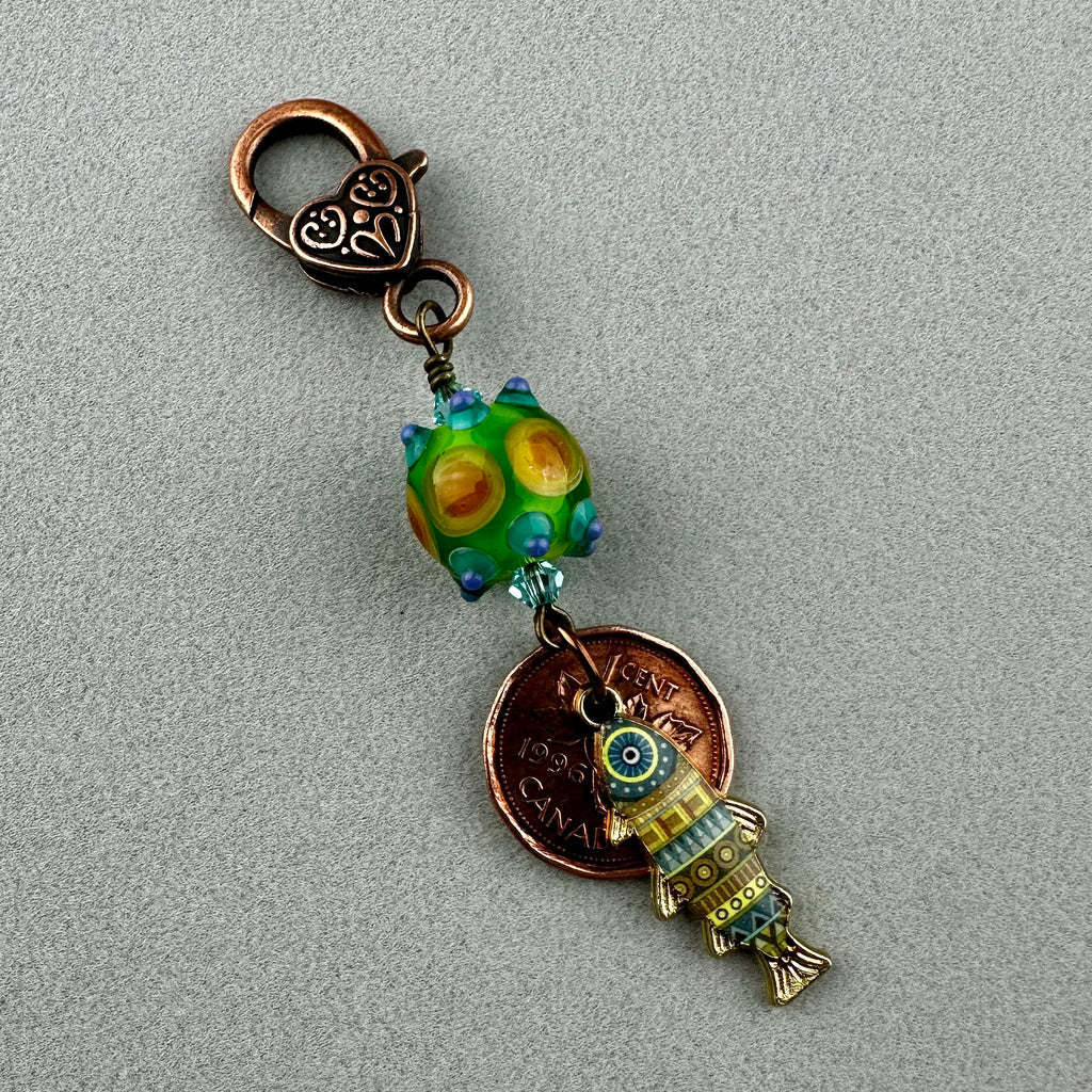 LUCKY PENNY CHARM WITH HANDMADE GLASS BEAD AND FISH CHARM
