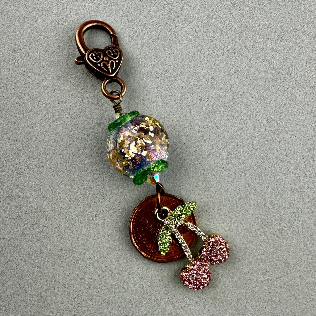 LUCKY PENNY CHARM WITH A HANDMADE GLASS BEAD AND CHERRY CHARM