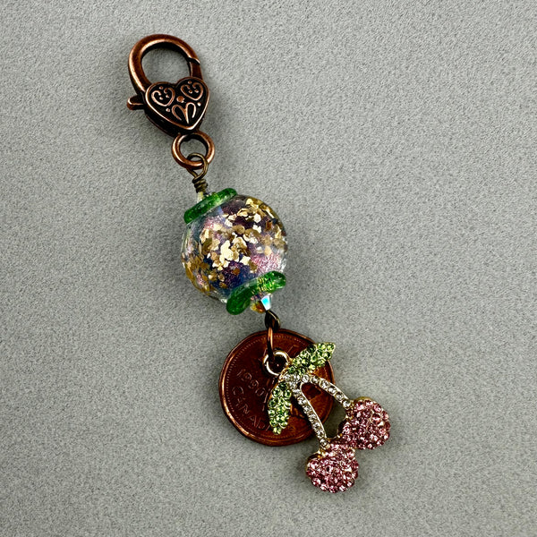 LUCKY PENNY CHARM WITH A HANDMADE GLASS BEAD AND CHERRY CHARM