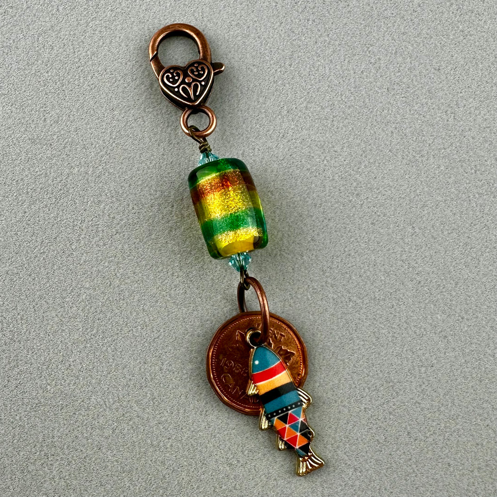 LUCKY PENNY CHARM WITH HANDMADE GLASS BEAD AND FISH CHARM II