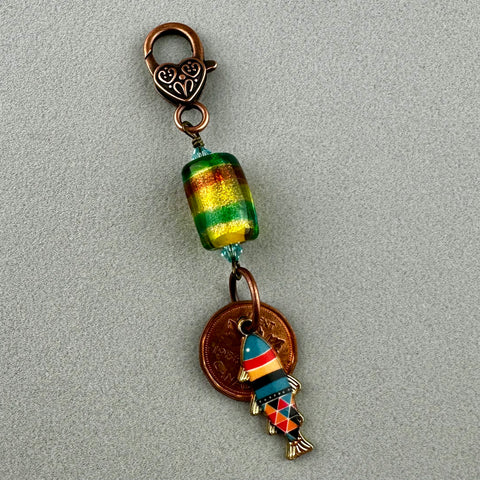 LUCKY PENNY CHARM WITH HANDMADE GLASS BEAD AND FISH CHARM II