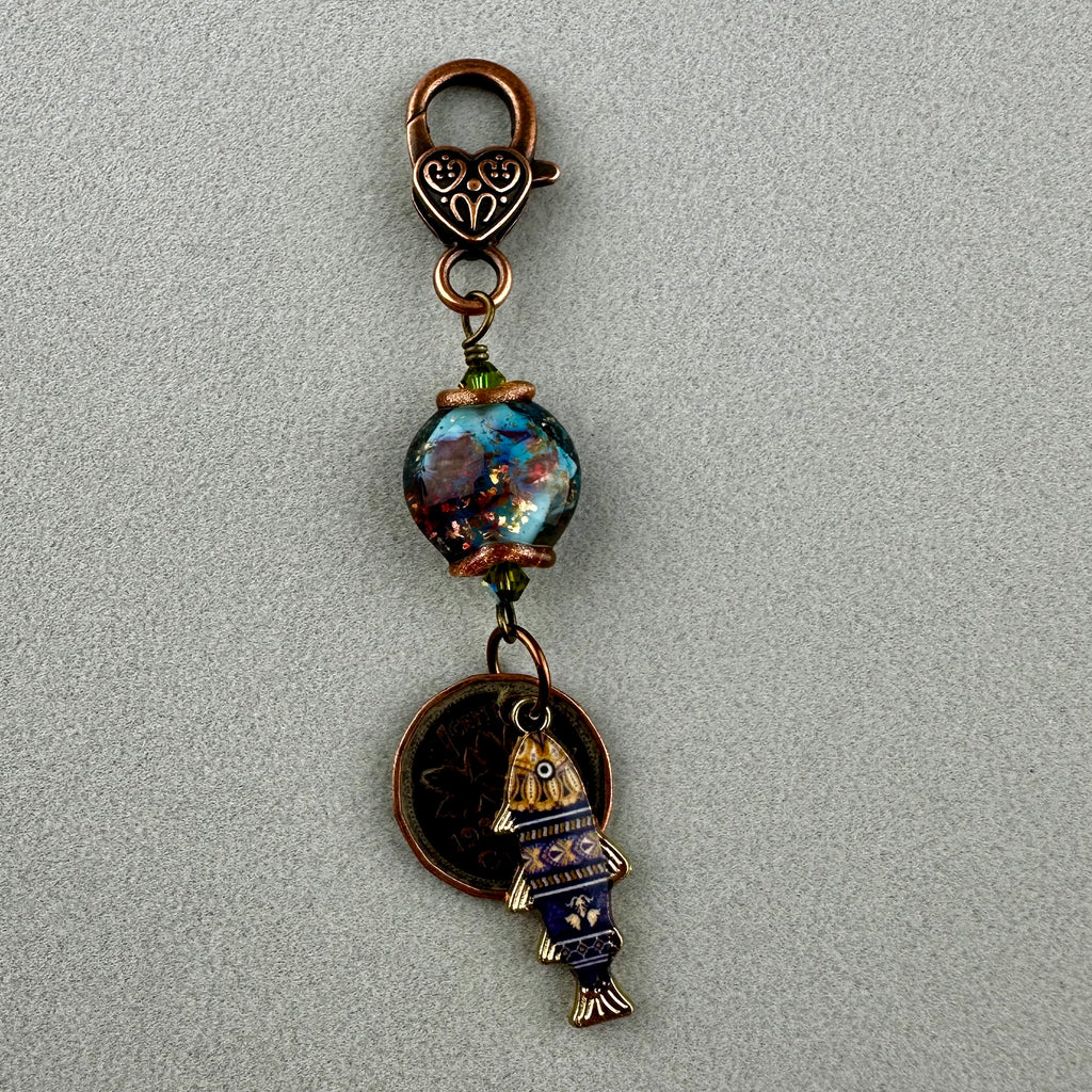 LUCKY PENNY CHARM WITH HANDMADE GLASS BEAD AND FISH CHARM V