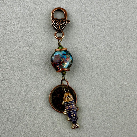 LUCKY PENNY CHARM WITH HANDMADE GLASS BEAD AND FISH CHARM V
