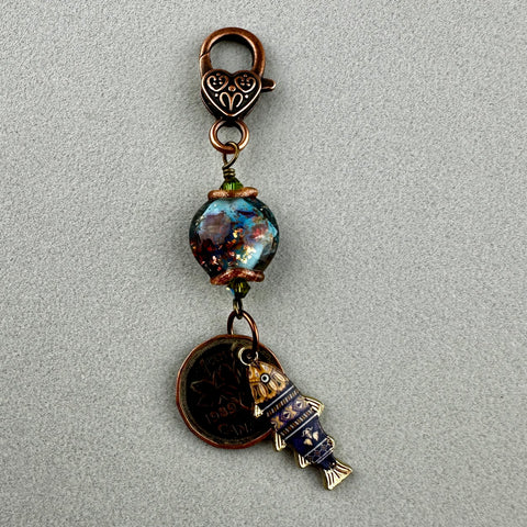 LUCKY PENNY CHARM WITH HANDMADE GLASS BEAD AND FISH CHARM V