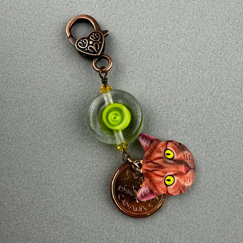 LUCKY PENNY CHARM WITH HANDMADE GLASS BEAD AND CAT CHARM