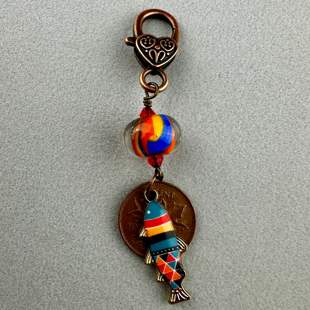 LUCKY PENNY CHARM WITH HANDMADE GLASS BEAD AND FISH CHARM III
