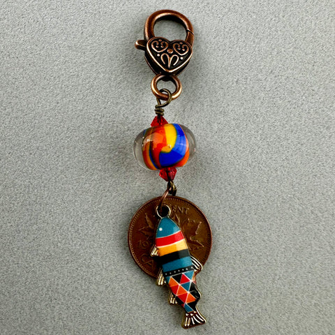 LUCKY PENNY CHARM WITH HANDMADE GLASS BEAD AND FISH CHARM III