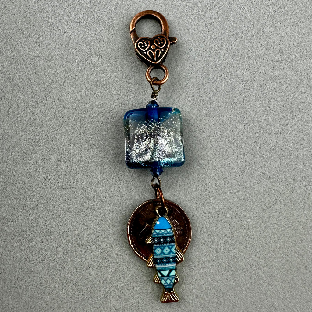 LUCKY PENNY CHARM WITH HANDMADE GLASS BEAD AND FISH CHARM IV