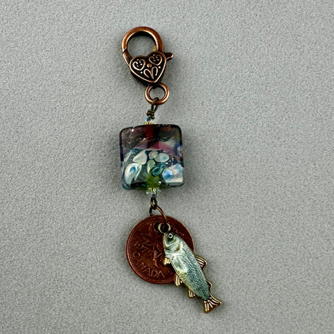 LUCKY PENNY CHARM WITH HANDMADE GLASS BEAD AND FISH CHARM VI