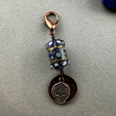 LUCKY PENNY CHARM WITH HANDMADE GLASS BEAD AND SWALLOW CHARM