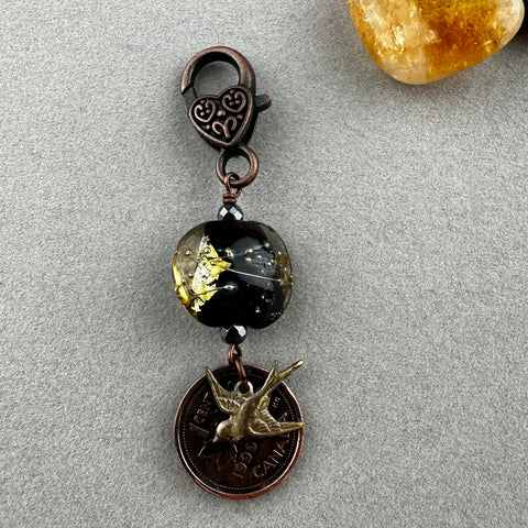 LUCKY PENNY CHARM WITH HANDMADE GLASS BEAD AND BEE CHARM