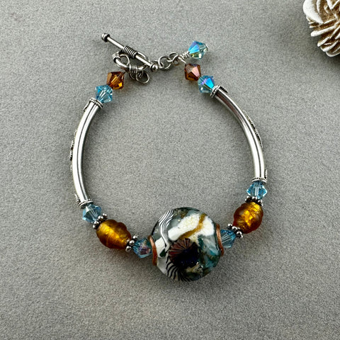 MOSAIC ~ STERLING SILVER BRACELET WITH HANDMADE GLASS BEAD