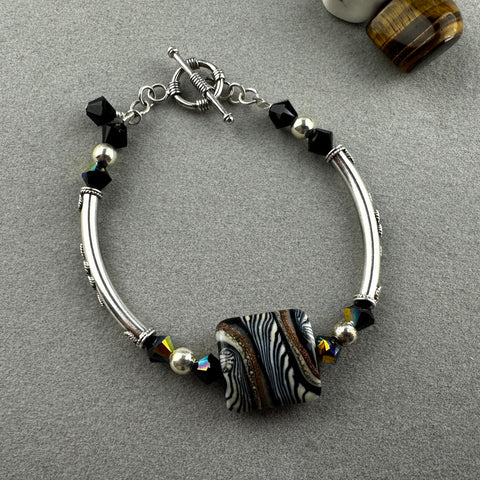 FOSSIL ~ STERLING SILVER BRACELET WITH HANDMADE GLASS BEAD