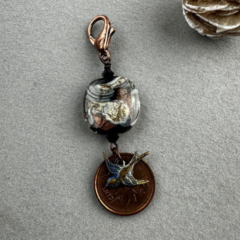 LUCKY PENNY CHARM WITH HANDMADE GLASS BEAD AND SWALLOW CHARM