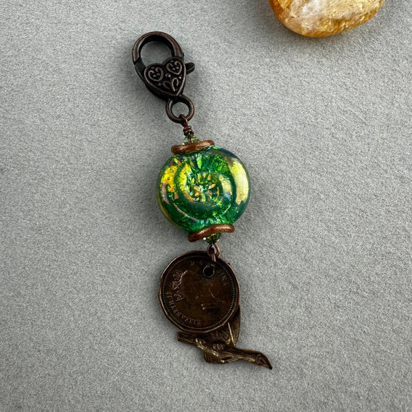 LUCKY PENNY CHARM WITH HANDMADE GLASS BEAD AND OWL CHARM II