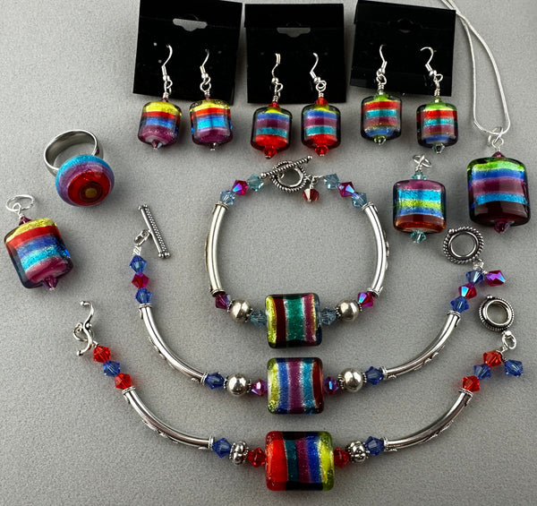 RAINBOW RIBBON ~ STERLING SILVER BRACELET WITH HANDMADE GLASS BEAD
