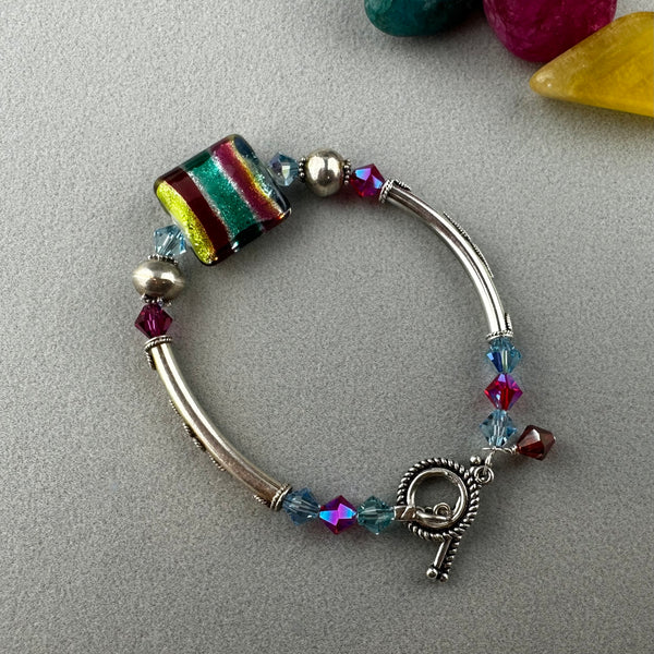 RAINBOW RIBBON ~ STERLING SILVER BRACELET WITH HANDMADE GLASS BEAD