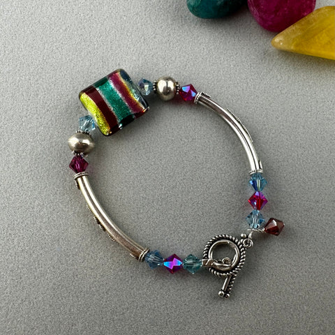 RAINBOW RIBBON ~ STERLING SILVER BRACELET WITH HANDMADE GLASS BEAD
