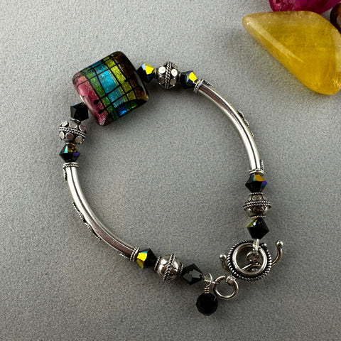 TARTAN III ~ STERLING SILVER BRACELET WITH HANDMADE GLASS BEAD