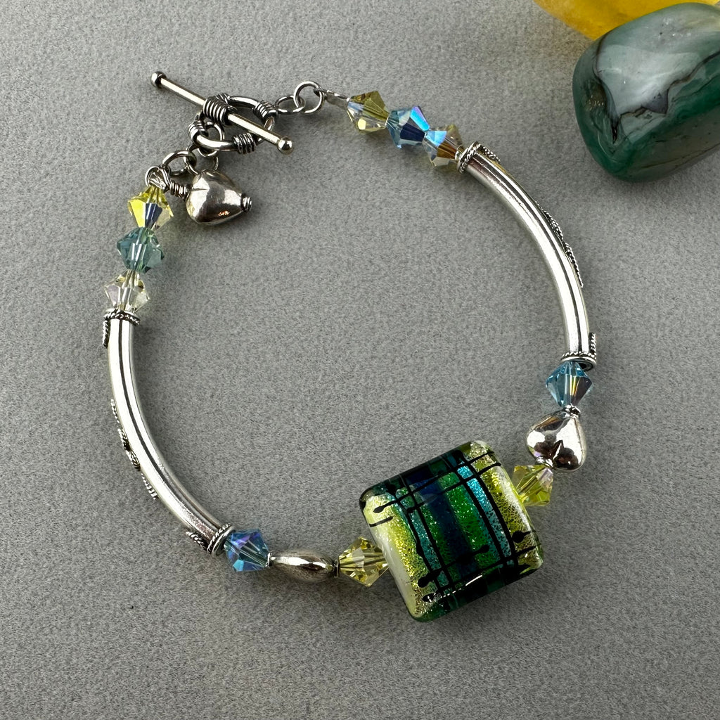 TARTAN II ~ STERLING SILVER BRACELET WITH HANDMADE GLASS BEAD
