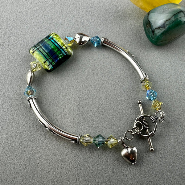 TARTAN II ~ STERLING SILVER BRACELET WITH HANDMADE GLASS BEAD