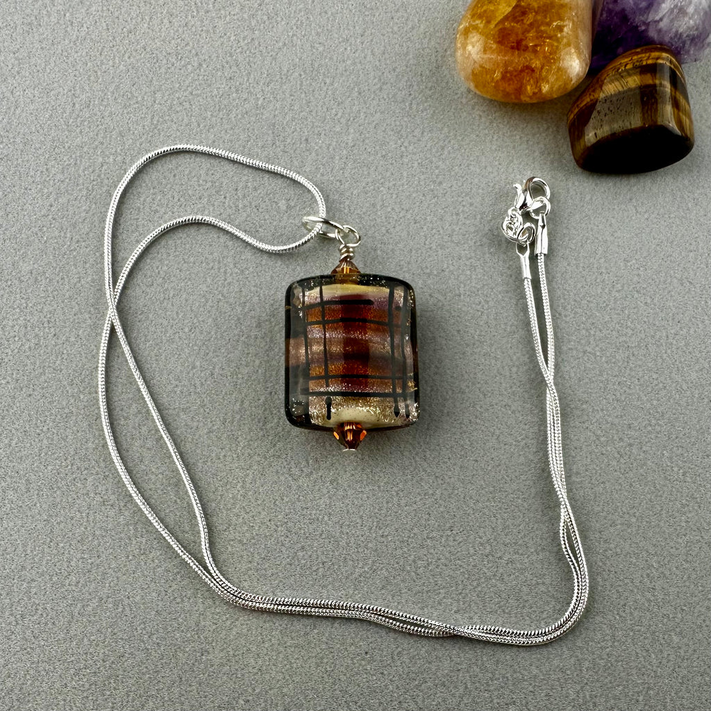 TARTAN ~ HANDMADE GLASS PENDANT ON AN 18" STERLING SILVER SNAKE CHAIN