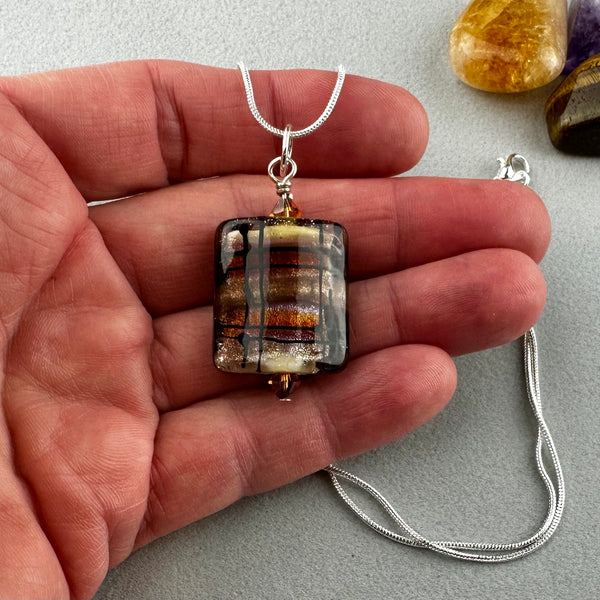 TARTAN ~ HANDMADE GLASS PENDANT ON AN 18" STERLING SILVER SNAKE CHAIN