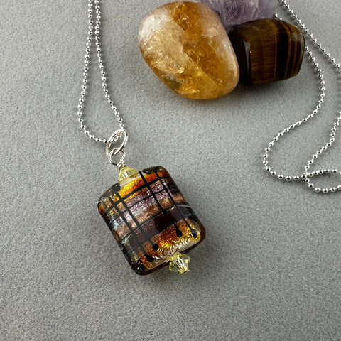 TARTAN II ~ HANDMADE GLASS PENDANT ON AN 18" STERLING SILVER BALL CHAIN
