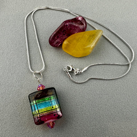 TARTAN III ~ HANDMADE GLASS PENDANT ON AN 18" STERLING SILVER SNAKE CHAIN