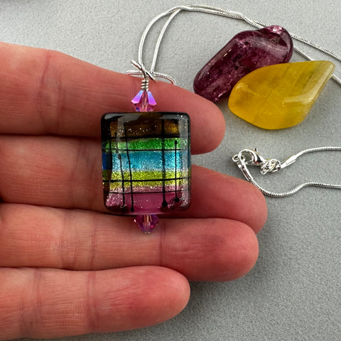 TARTAN III ~ HANDMADE GLASS PENDANT ON AN 18" STERLING SILVER SNAKE CHAIN