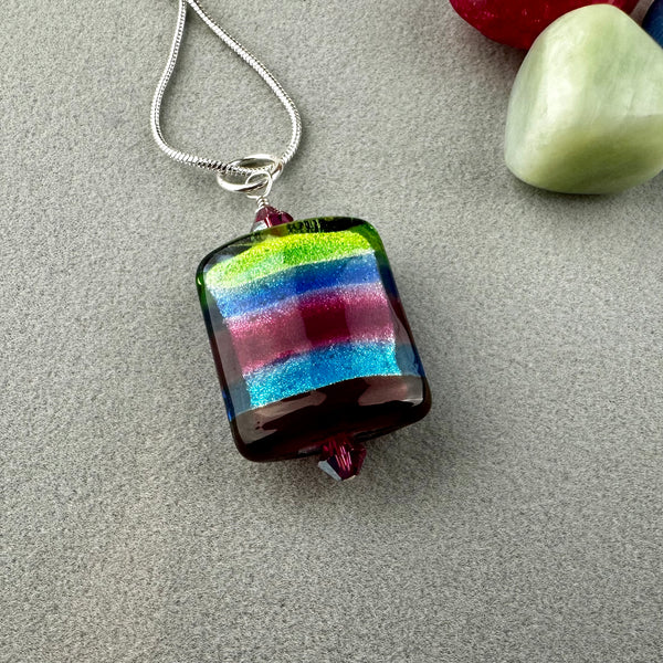 RAINBOW RIBBON ~ HANDMADE GLASS PENDANT ON AN 18" STERLING SILVER SNAKE CHAIN