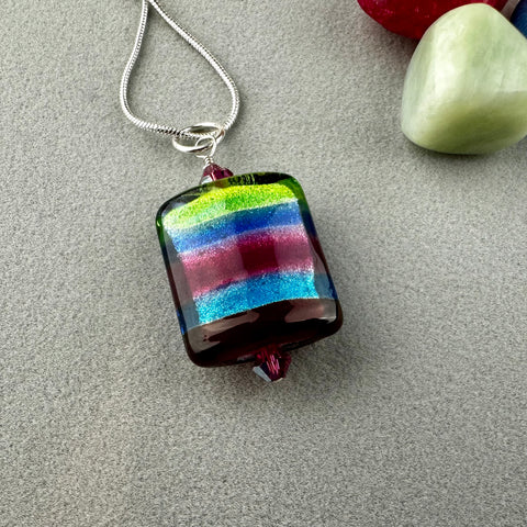 RAINBOW RIBBON ~ HANDMADE GLASS PENDANT ON AN 18" STERLING SILVER SNAKE CHAIN
