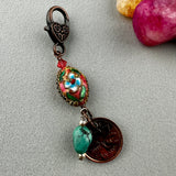 LUCKY PENNY CHARM WITH ENAMEL OVAL EGG BEAD AND TURQUOISE STONE