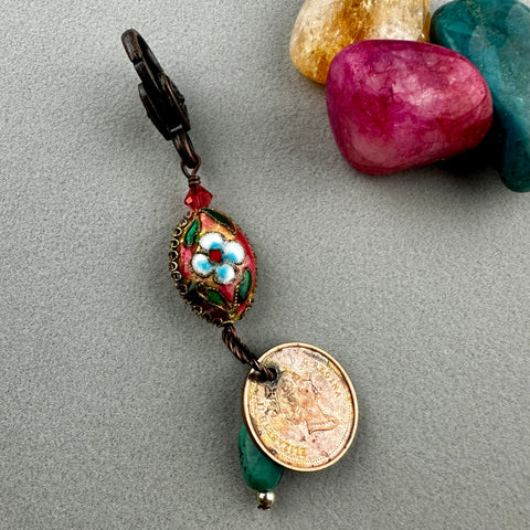 LUCKY PENNY CHARM WITH ENAMEL OVAL EGG BEAD AND TURQUOISE STONE