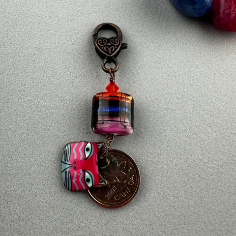 LUCKY PENNY CHARM WITH HANDMADE GLASS BEAD AND CAT CHARM II