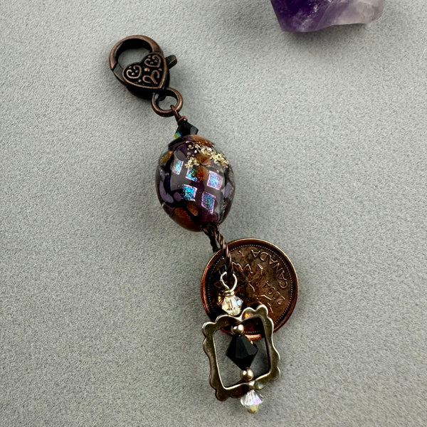 LUCKY PENNY CHARM WITH HANDMADE GLASS BEAD AND CRYSTAL PEWTER FRAME