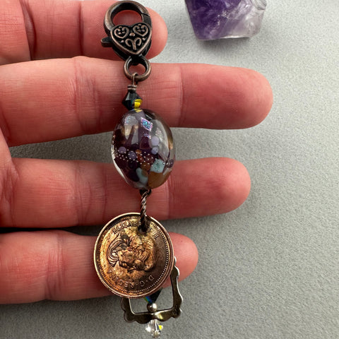 LUCKY PENNY CHARM WITH HANDMADE GLASS BEAD AND CRYSTAL PEWTER FRAME