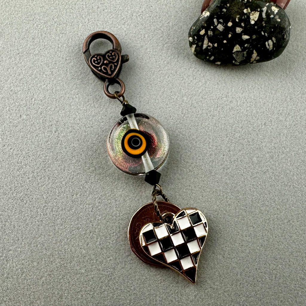 LUCKY PENNY CHARM WITH HANDMADE GLASS BEAD AND HEART CHARM