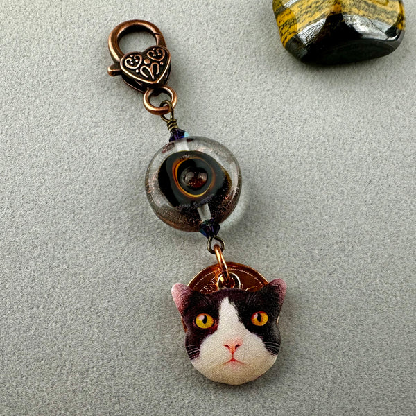 LUCKY PENNY CHARM WITH HANDMADE GLASS BEAD AND CAT CHARM II