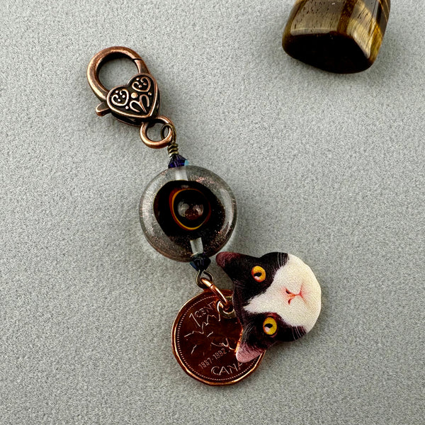 LUCKY PENNY CHARM WITH HANDMADE GLASS BEAD AND CAT CHARM II