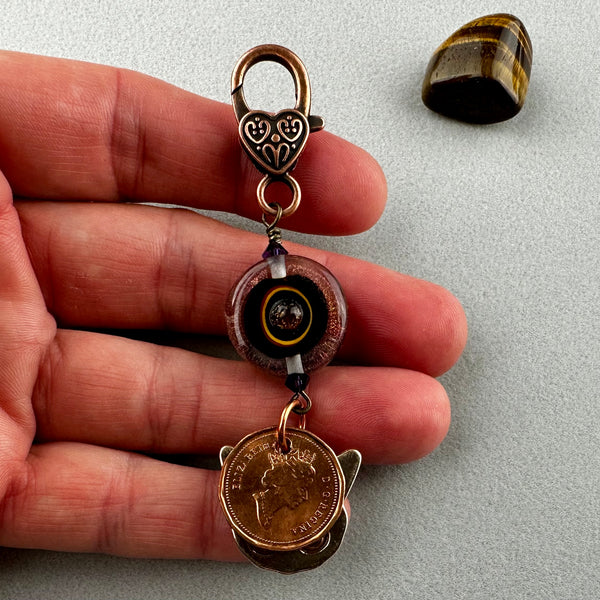 LUCKY PENNY CHARM WITH HANDMADE GLASS BEAD AND CAT CHARM II