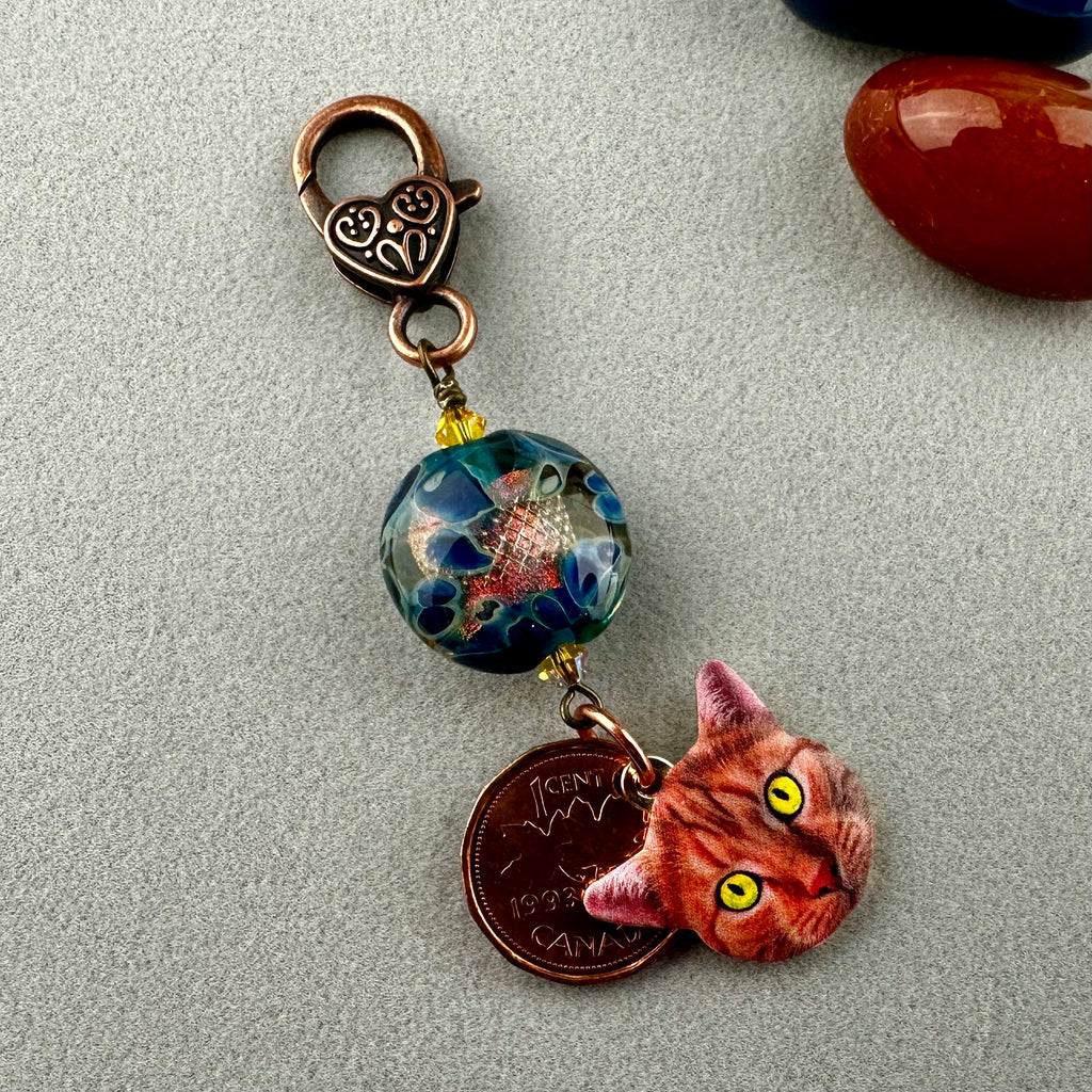 LUCKY PENNY CHARM WITH HANDMADE GLASS BEAD AND CAT CHARM