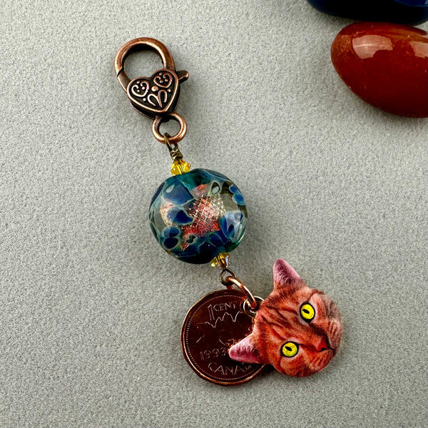 LUCKY PENNY CHARM WITH HANDMADE GLASS BEAD AND CAT CHARM