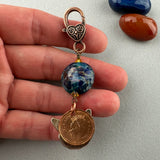 LUCKY PENNY CHARM WITH HANDMADE GLASS BEAD AND CAT CHARM